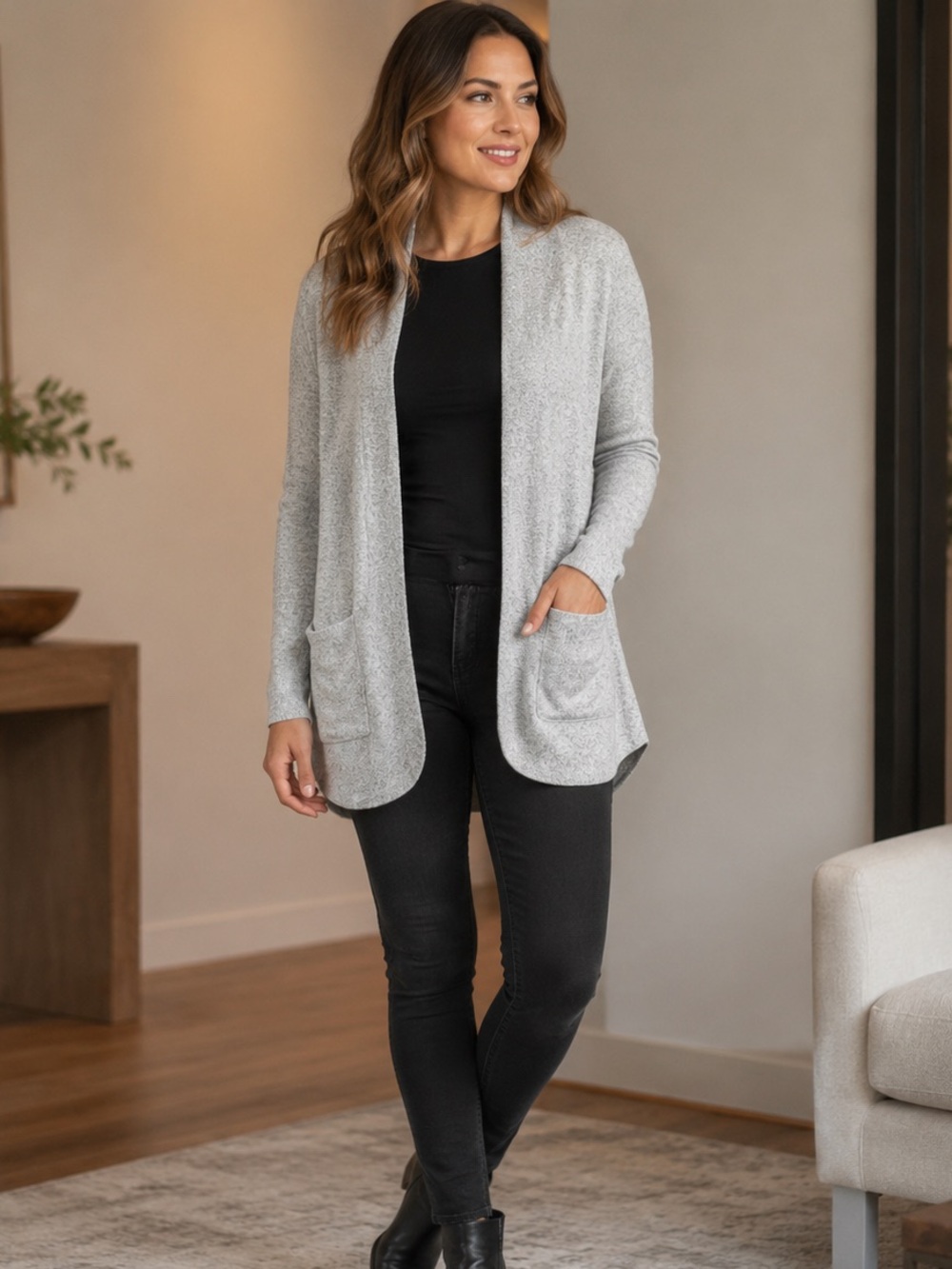 LOFT Gray Marled Open-Front Longline Cardigan Sweater Pockets Size M